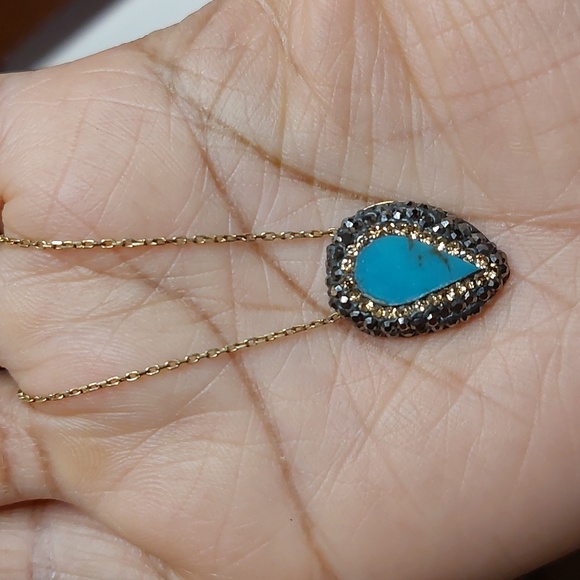 Jewelry - Teardrop Shape Turquiose And Marcasite Halo Pendant Gold Tone Choker Necklace